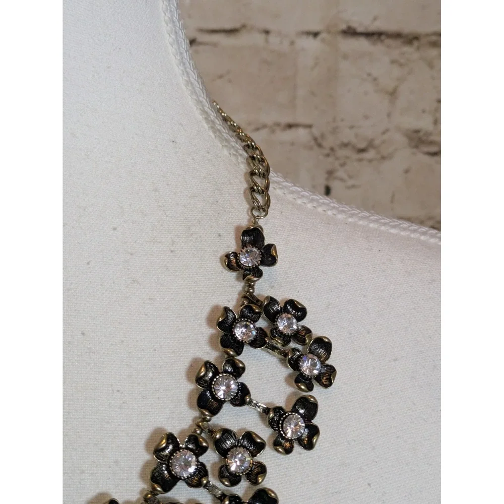Joan Rivers Floral Cluster Bib Necklace In Antiqued Gold Tone Rhinestones 18